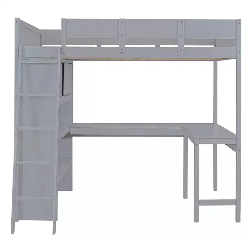 Letto a soppalco full-size con scrivania e mensole, Struttura letto a soppalco in legno con due cassetti integrati per camera da letto