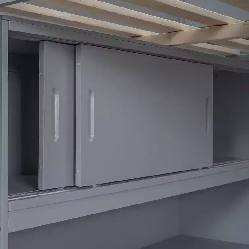 Letto a soppalco full-size con scrivania e mensole, Struttura letto a soppalco in legno con due cassetti integrati per camera da letto