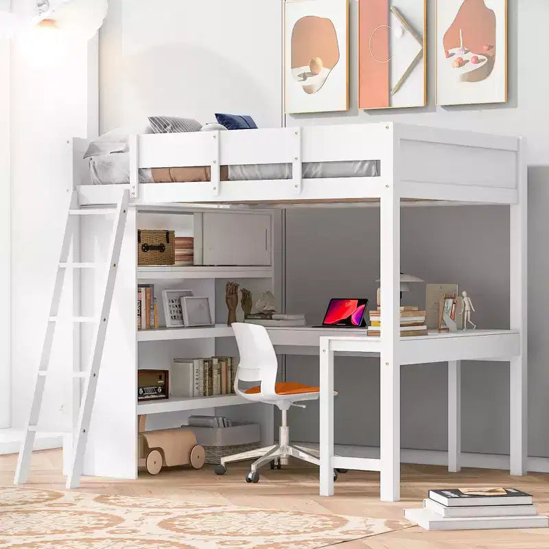 Letto a soppalco full-size con scrivania e mensole, Struttura letto a soppalco in legno con due cassetti integrati per camera da letto