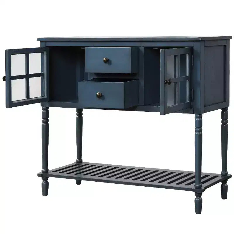 Consolle rustica con ripiano inferiore e armadietto contenitore per soggiorno, blu navy antico