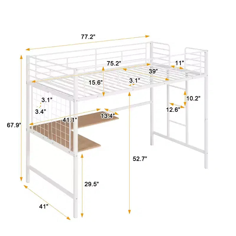 Letto a soppalco singolo con scrivania lunga e griglia metallica, struttura alta in metallo con sponde di sicurezza e scale per ragazzi e adulti