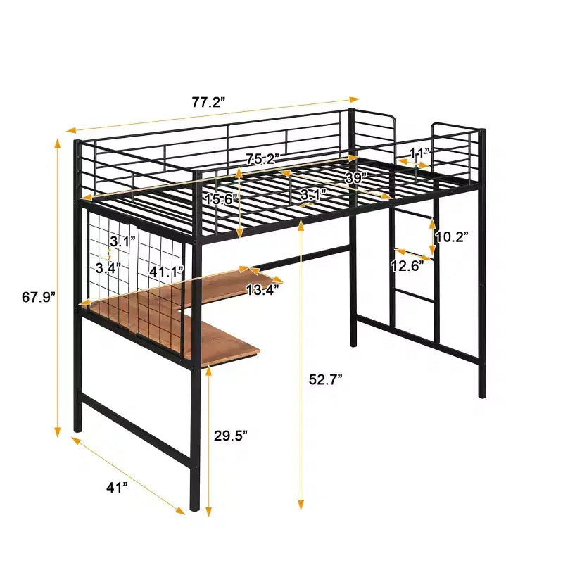 Letto a soppalco singolo con scrivania lunga e griglia metallica, struttura alta in metallo con sponde di sicurezza e scale per ragazzi e adulti