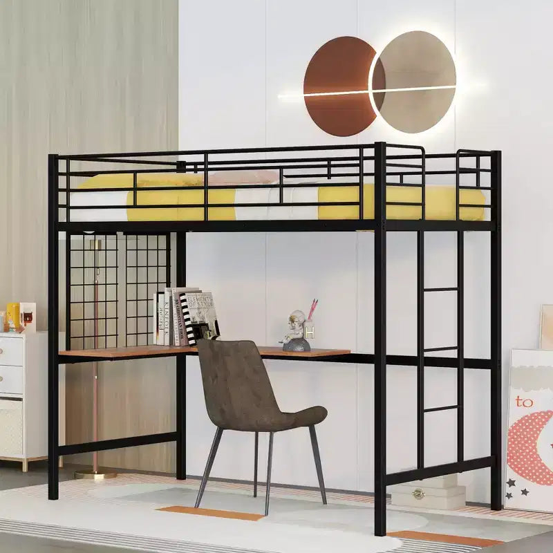 Twin Size Loft Bed with Long Desk and Metal Grid, High Loft Bed Metal Frame with Safety Guardrails and Ladders for Teens Adults