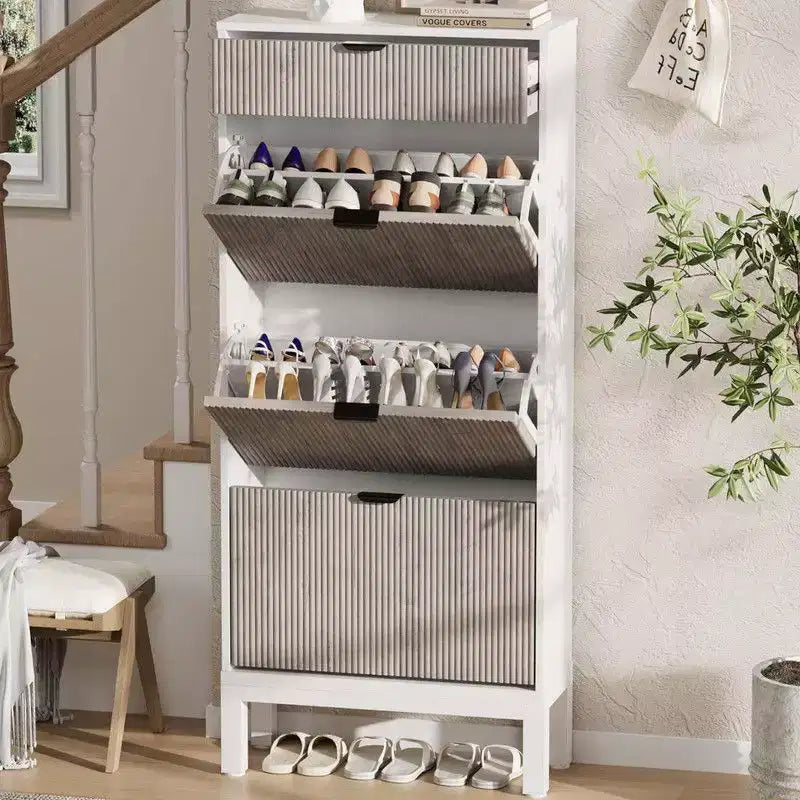 Shoe Storage Cabinet with 3 Flip Drawers, Entrance Wooden Shoe Rack with Iron Legs