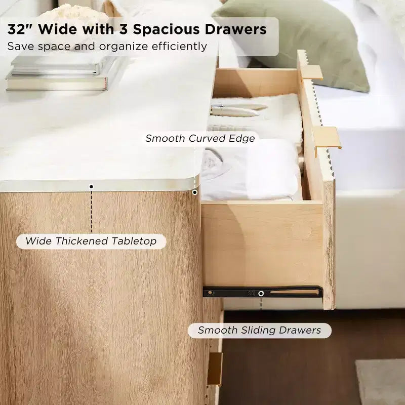 Comodino alto scanalato da 32 pollici, tavolino moderno con ripiano in finto marmo, comodino a 3 cassetti con contenitore, tavolino da notte per camera da letto, soggiorno