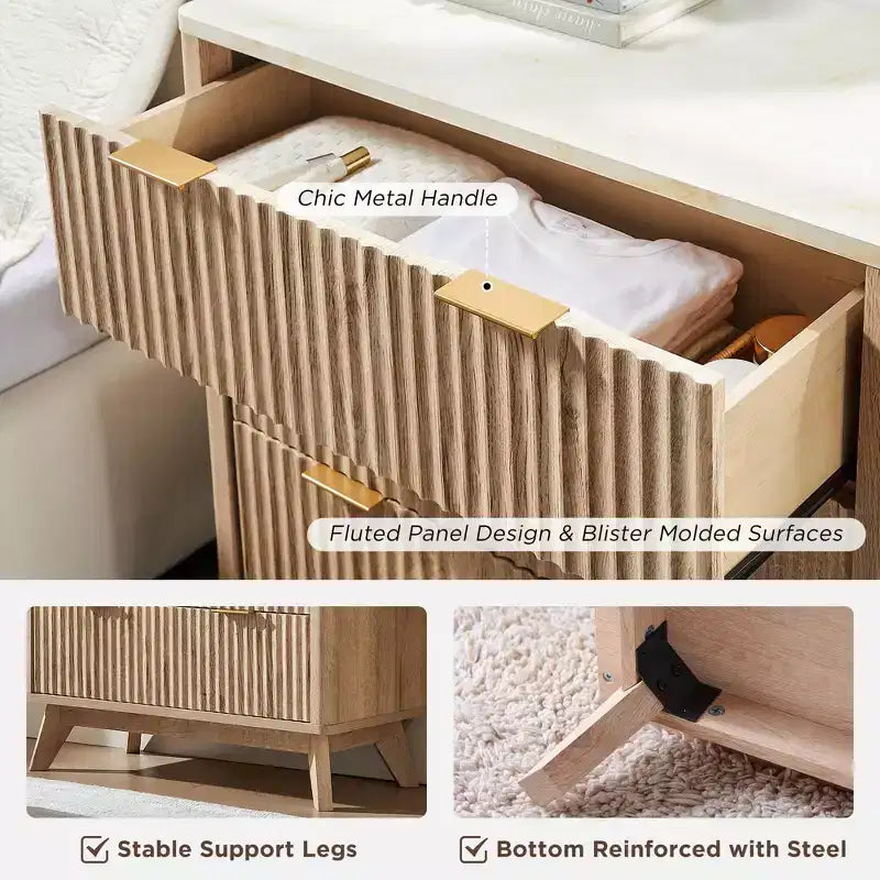 Comodino alto scanalato da 32 pollici, tavolino moderno con ripiano in finto marmo, comodino a 3 cassetti con contenitore, tavolino da notte per camera da letto, soggiorno