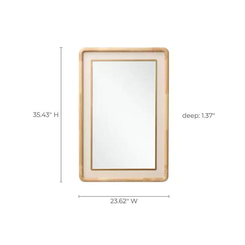 Specchio Decorativo da Parete Rettangolare con Angoli Arrotondati, Cornice in Legno di Caucciù (Hevea) da 35 mm con Dettagli in Ecopelle Marrone