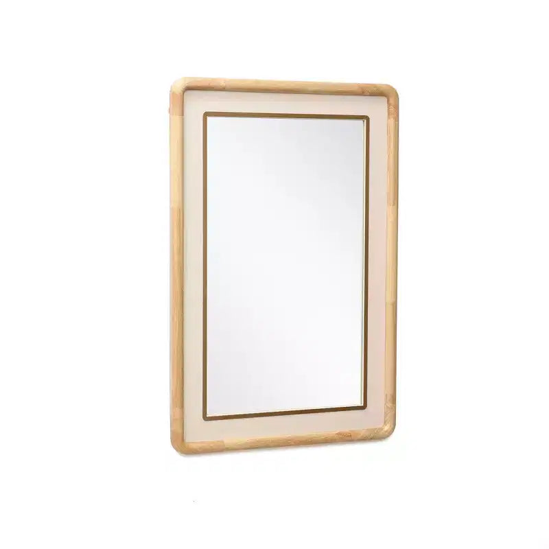 Specchio Decorativo da Parete Rettangolare con Angoli Arrotondati, Cornice in Legno di Caucciù (Hevea) da 35 mm con Dettagli in Ecopelle Marrone