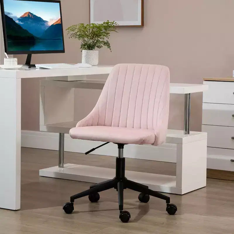 Sedia da ufficio a metà schienale, sedia da trucco in velluto con altezza regolabile e ruote girevoli a 360°, sedia imbottita comoda per ufficio, casa, rosa