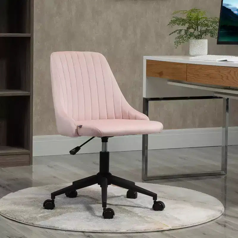 Sedia da ufficio a metà schienale, sedia da trucco in velluto con altezza regolabile e ruote girevoli a 360°, sedia imbottita comoda per ufficio, casa, rosa