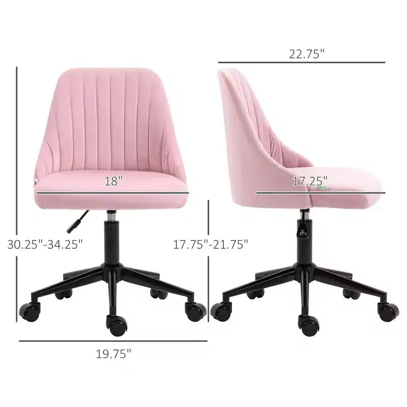 Sedia da ufficio a metà schienale, sedia da trucco in velluto con altezza regolabile e ruote girevoli a 360°, sedia imbottita comoda per ufficio, casa, rosa
